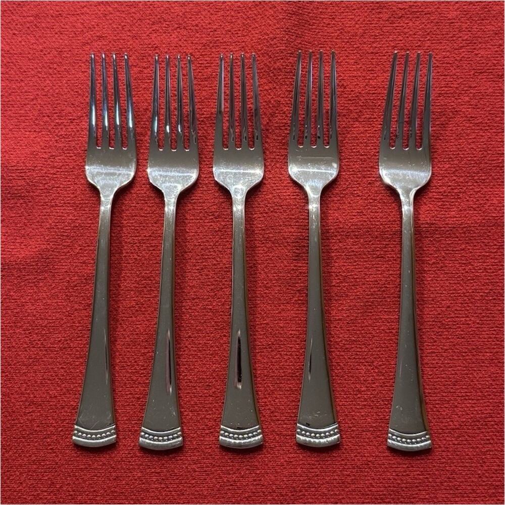 Lenox 18/10 Stainless Steel Dinner Forks Set of 5 Silver Beaded Glossy